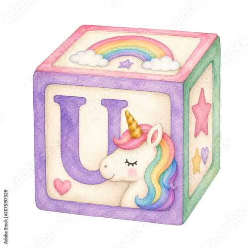 Cute baby unicorn, soft watercolor illustration, pastel rainbow mane, golden horn, rosy cheeks, adorable nursery clipart