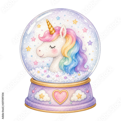 Cute baby unicorn, soft watercolor illustration, pastel rainbow mane, golden horn, rosy cheeks, adorable nursery clipart