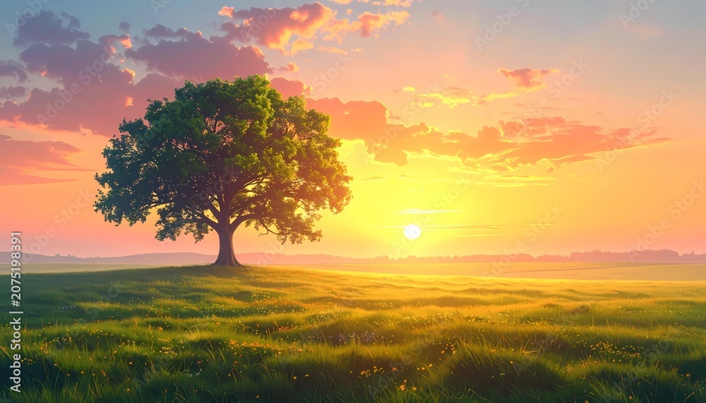 Fototapeta premium Lone oak tree on a grassy hill, wide landscape shot at sunset, realistic digital painting with warm golden hour lighting and colorful clouds in a rural field.