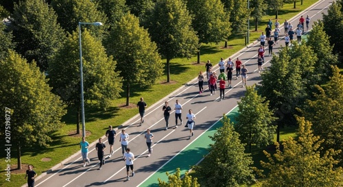 A group of diverse residents jogging together on a sunny day along a scenic park path lined with lush green trees.