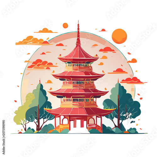 Traditional East Asian Pagoda Illustration