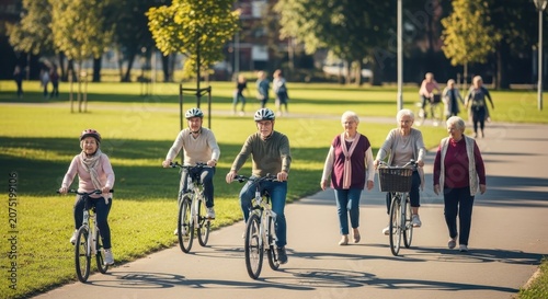 Active seniors enjoying a sunny day cycling together on a park path, promoting community and healthy lifestyles
