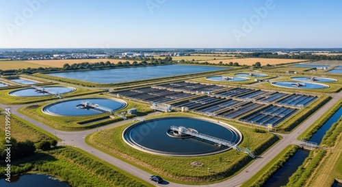 Advanced water treatment plant facility featuring large circular clarifiers and interconnected tanks, showcasing modern infrastructure and environmental management.