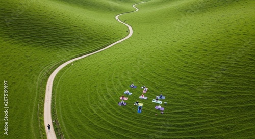 Aerial view of a group practicing yoga and meditation in a vibrant green valley with a winding path.