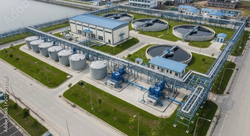 Aerial View of a Modern Industrial Wastewater Treatment Plant Facility Featuring Extensive Infrastructure and Equipment