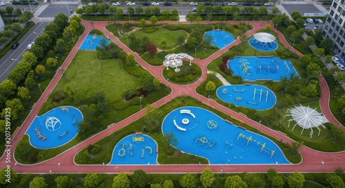Aerial View of a Modern Smart City Park Featuring Blue Playgrounds and Green Spaces for Recreation