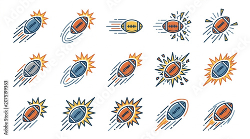Bilde på lerret Collection of American Footballs in Motion with Speed Lines and Explosions