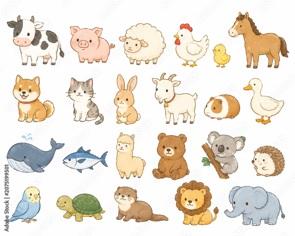 Obraz premium Cute hand drawn watercolor style animal icon collection