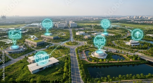 Aerial view of a smart green urban city infrastructure with interconnected digital technology and glowing nodes representing data flow