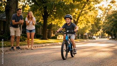Child confidently riding a bicycle for the first time while parents cheer nearby on a quiet tree-lined street, golden hour, authentic happiness, lifestyle
