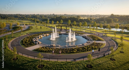 Athletes jogging around a scenic park with a circular fountain and water jets at sunrise