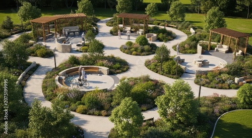 Beautifully landscaped garden park with people enjoying outdoor activities and tranquil spaces