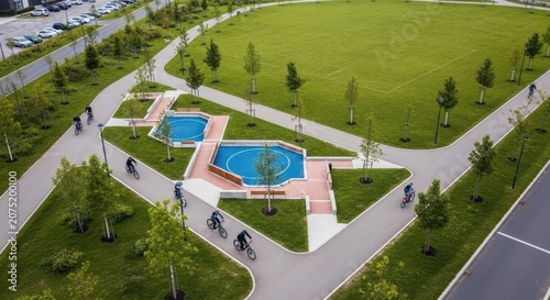 Cyclists enjoying a sunny day on paved paths in a modern park with lush green spaces