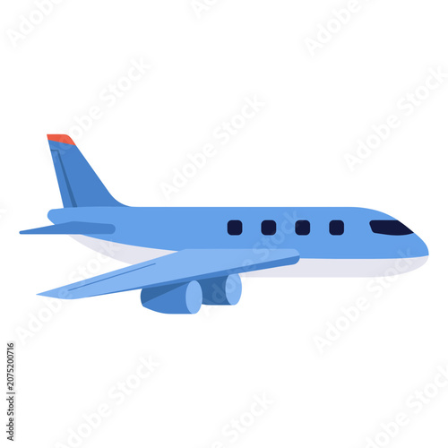 Blue airplane side view flat vector illustration