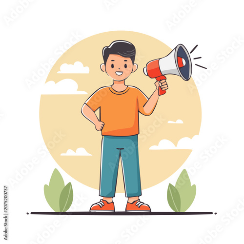 Boy holding megaphone flat vector illustration