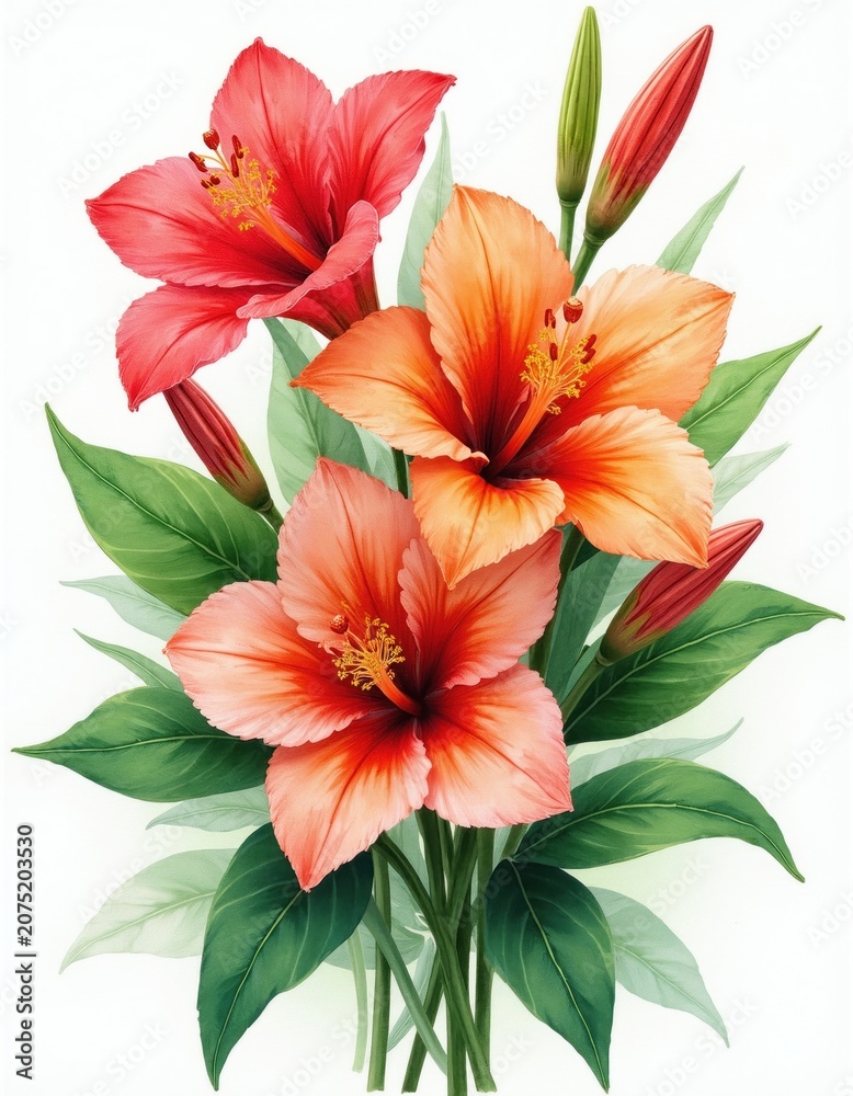 Fototapeta premium Watercolor illustration of hibiscus flowers and buds. Features red orange and pink blooms with green leaves and stems. Delicate floral art for decoration.
