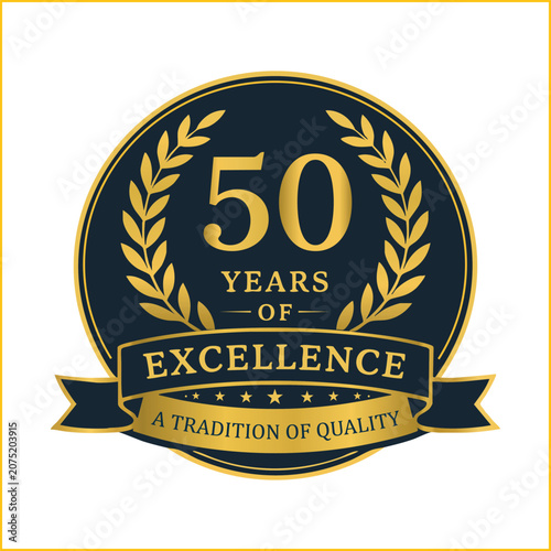 Golden 50 years of excellence anniversary celebration badge with laurel wreath and ribbon vector illustration.