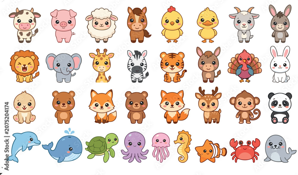 Fototapeta premium Cute Kawaii Baby Animal Character Set with Farm Safari and Ocean Animals for Kids Sticker Clipart and Nursery Design