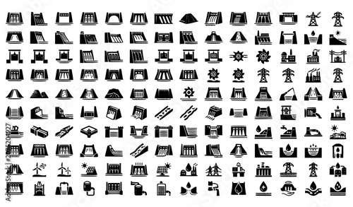 Bild auf Leinwand Dam Water Resource Management Flat Icons Set Hydroelectric Infrastructure Vector