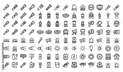 Flashlight Torch and Emergency Lighting Thin Line Icons Set Editable Stroke Vector