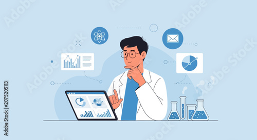 Scientist Analyzing Data on Laptop with Lab Equipment and Icons