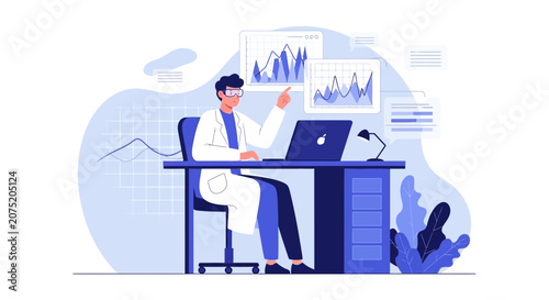 Scientist Analyzing Data on Laptop, Charts and Graphs in Modern Lab