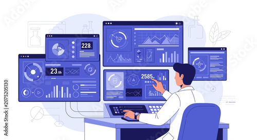 Scientist Analyzing Data on Multiple Monitors, Futuristic Medical Dashboard