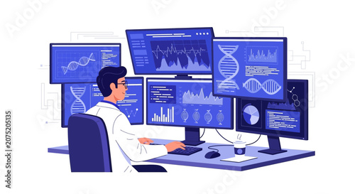 Scientist Analyzing Data on Multiple Monitors: DNA, Graphs, Medical Research