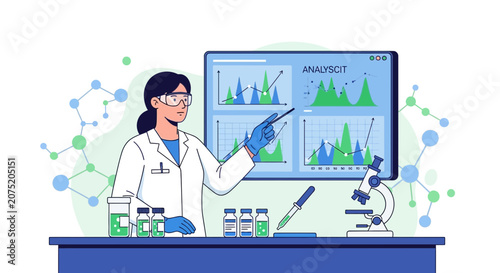Scientist Analyzing Data on Screen in Laboratory with Microscope and Test Tubes
