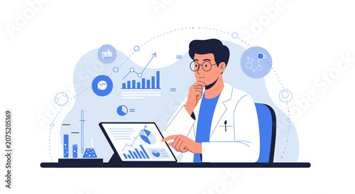 Scientist Analyzing Data on Tablet, Medical Research and Data Visualization