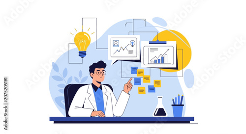 Scientist analyzing data with lightbulb idea and charts, symbolizing medical research and innovation