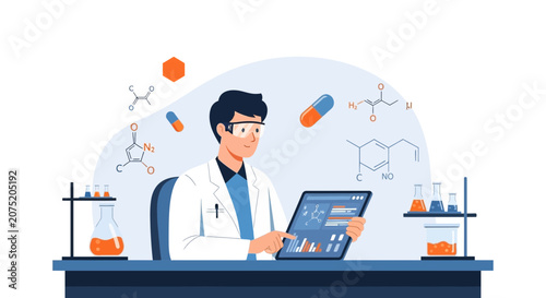 Scientist Analyzing Data on Tablet in Laboratory with Chemical Formulas and Pills