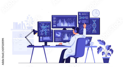 Scientist Analyzing DNA and Virus Data on Multiple Computer Screens in a Modern Lab