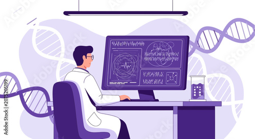 Scientist Analyzing DNA Data on Computer in Laboratory with DNA Strands