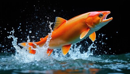 Bright orange fish leaps from dark water creating splash. Aquatic life in motion, dynamic moment captured, intense action in wild ecosystem.