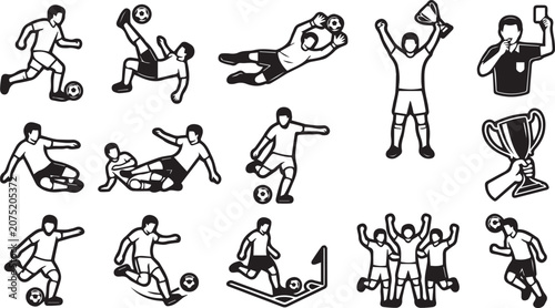 Transparent soccer football player icons vector set, thick stroke sport action poses line art bundle
