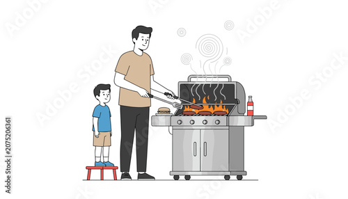 Father and son bonding moment with a man cooking burger patties on a flaming barbecue grill while a young boy stands on a small stool watching the culinary process closely.