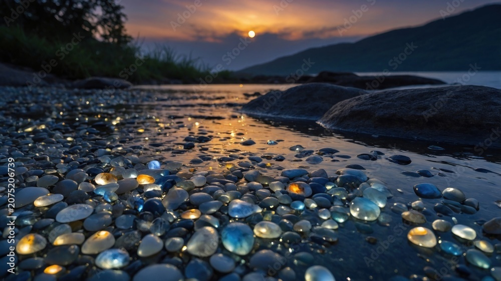 Obraz premium Sunset over a tranquil riverbank adorned with colorful pebbles reflecting shimmering light