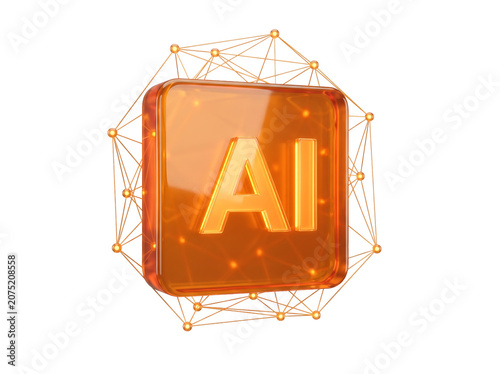 3D glossy vibrant innovation orange AI artificial intelligence network icon isolated on transparent background