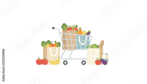 Metal shopping cart positioned between two paper grocery bags containing fresh produce, fruits, and vegetables for supermarket shopping and food retail design projects.