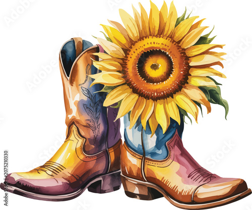 watercolor Cowboy Boots with flower vector illustration isolated on white background