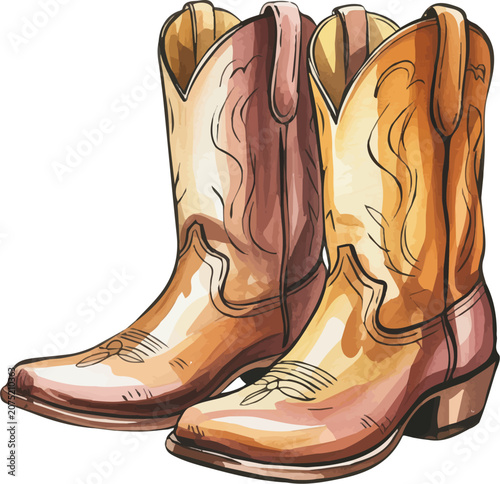 Watercolor Western Cowboy Boots Clipart, Vintage Country Footwear Vector Illustration Isolated on White Background
