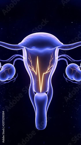 Stylized Anatomical Illustration of Translucent Uterus with Detailed Fallopian Tubes and Ovaries on Cosmic Background