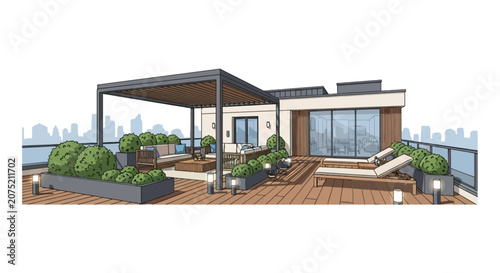 Foto Luxury rooftop terrace with wooden deck and city view