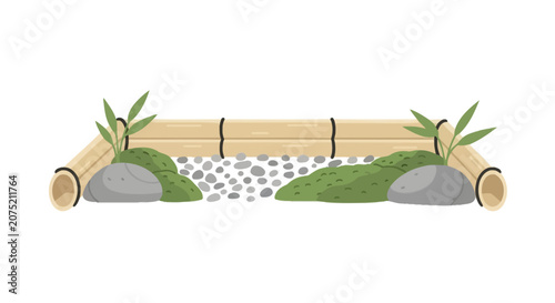 Photography Japanese zen garden with bamboo fence and mossy stones