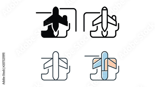 Foto Four different airplane boarding and disembarking process icons with transparent