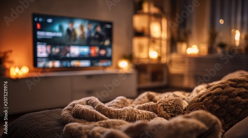 Inviting living room with modern TV displaying streaming service interface and cozy blanket representing home entertainment digital media leisure and contemporary lifestyle values
