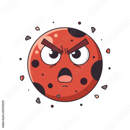 Angry cartoon planet with craters and asteroids