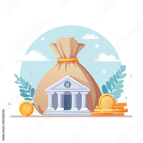 Bank Building with Money Bag and Gold Coins Illustration