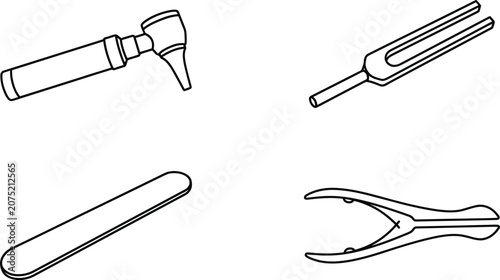 Schilderij op canvas Set of medical diagnostic tools including an otoscope tuning fork tongue depress
